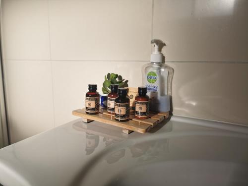 a shelf with a bottle of alcohol and a cactus at Gypsy Creek Retreat in Labertouche