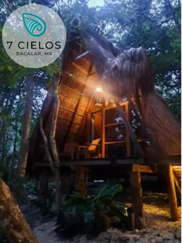 a tree house in a forest with the logo of z cleos at 7 CIELOS BACALAR. in Bacalar