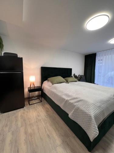 una camera con un grande letto e una lampada di Apartman Liška a Martin