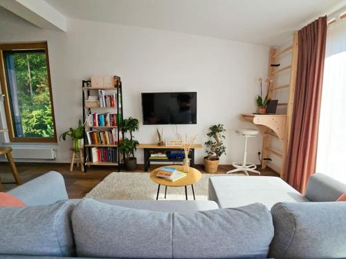 een woonkamer met een bank en een tv bij Oasis Oliwa in Gdańsk