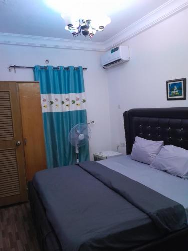 a bedroom with a bed and a blue curtain at Gifted Apartment & Residence in Abuja