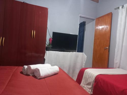 a bedroom with two beds with red sheets and a television at Vista a la montaña in Chilecito