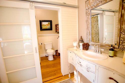 A bathroom at Circa 1900 - Historic - Romantic - Private - Pond - Fenced Yard - The Cottage at Chappell Hill