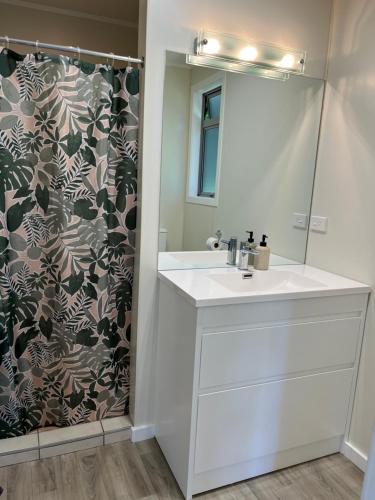 La salle de bains est pourvue d'un lavabo et d'une douche. dans l'établissement Mandhari - The View, à Whangamata