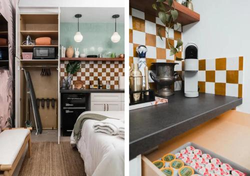two pictures of a kitchen and a room with a bed at 2 Free Bikes, Pvt Parking, Steps to Beach! South Mission Beach in San Diego