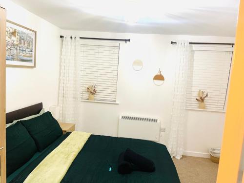 um quarto com uma cama verde e 2 janelas em Cozy Apartment in Birchwood em Risley