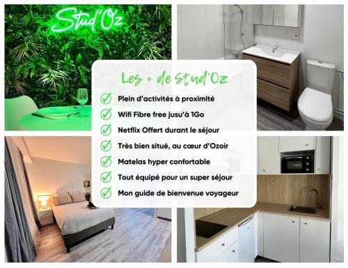 un collage de photos d'une salle de bains avec un panneau dans l'établissement *Stud'Oz* Paris - Disneyland - Val d'Europe, à Ozoir-la-Ferrière