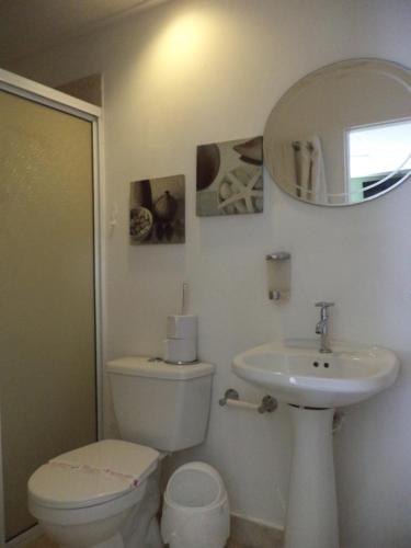 a bathroom with a toilet and a sink and a mirror at Balcones de Venecia in Cartagena de Indias