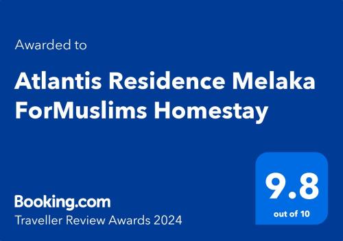 Sertifikāts, apbalvojums, norāde vai cits dokuments, kas ir izstādīts apskatei naktsmītnē Atlantis Residence Melaka ForMuslims Homestay