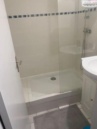 a white bathroom with a shower and a sink at Le Grey House in Saint-François