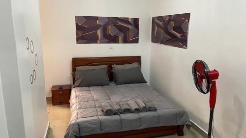 1 dormitorio con 1 cama con ventilador en Budget Retreat Kiyovu en Kigali