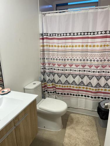 a bathroom with a toilet and a shower curtain at departamento papudo punta puyai piso 1 in Papudo