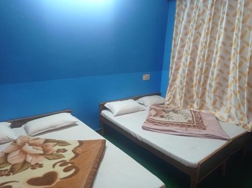 2 łóżka pojedyncze w pokoju z niebieskimi ścianami w obiekcie Hotel diyaraj barkot sarukhet w mieście Barkot