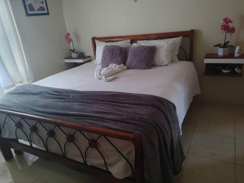 1 dormitorio con 1 cama grande con almohadas moradas en Orchid Inn en Montego Bay