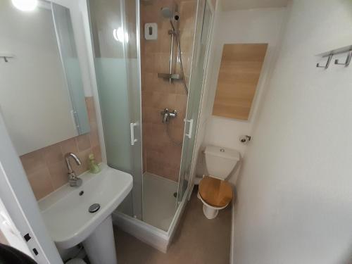 une salle de bain avec une douche, des toilettes et un lavabo dans l'établissement Studio moderne rénové au bord du lac pour deux personnes à Vieux Boucau - FR-1-239-991, à Soustons