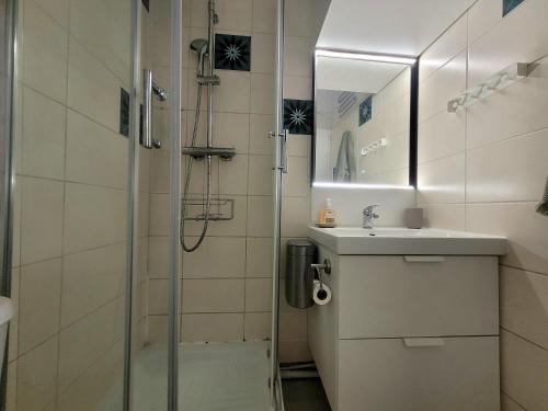 y baño con ducha, lavabo y espejo. en Appartement Palavas-les-Flots, 2 pièces, 5 personnes - FR-1-715-89 en Palavas-les-Flots