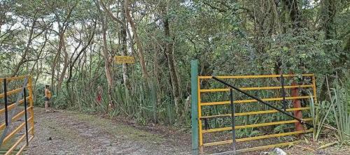 a gate on a dirt road next to a forest at Finca la cristalina in Moniquirá