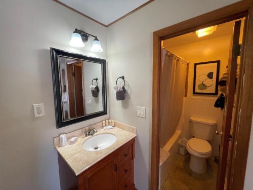 a bathroom with a sink and a toilet and a mirror at Hunter's Friend Resort Near Table Rock Lake in Branson