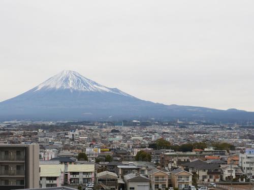 a mountain in the background of a city with buildings at Tabist Hotel New Central in Fuji