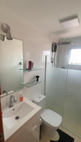 a bathroom with a toilet and a sink and a shower at Apartamento Vila Tupi in Praia Grande
