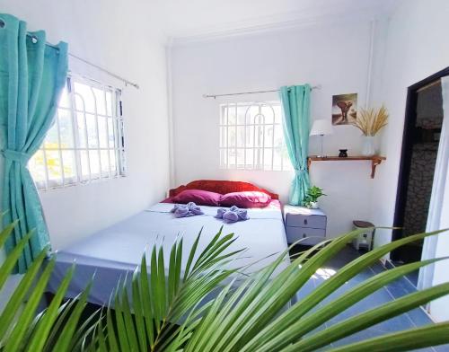 ロンサレム島にあるSam's Guesthouse M'Pai Bayのベッドルーム1室(ベッド1台、植物付)