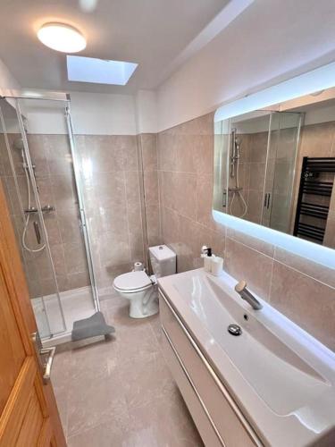 une salle de bain avec une douche, un lavabo et des toilettes dans l'établissement La Mer Résidence La Fontaine, à La Seyne-sur-Mer