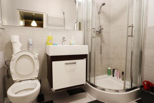 y baño con aseo, ducha y lavamanos. en Fantastic - G Room 4 en Varsovia