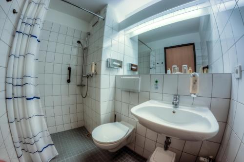 ein Badezimmer mit einem Waschbecken, einem WC und einem Spiegel in der Unterkunft Hotel & Restaurant am Schlosspark in Dahme