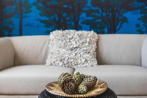 - un bol de cônes de pin sur une table en face d'un canapé dans l'établissement BLUE MOON KEYWEEK Seafront Apt with large Terrace and Parking Biarritz, à Biarritz