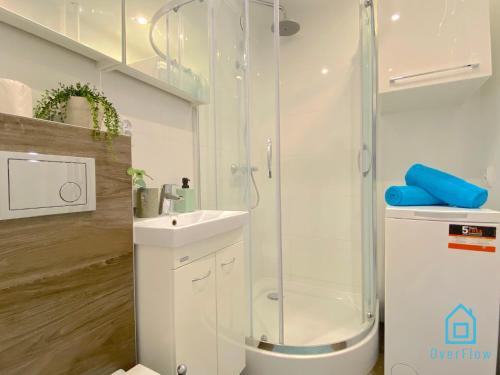 y baño con ducha y lavamanos. en Wave Apartment en Gdansk