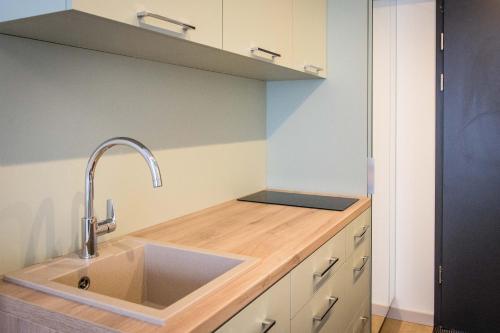 a kitchen with a sink and a counter at Apartamenty Wolności 6 self check-in 24h in Poznań