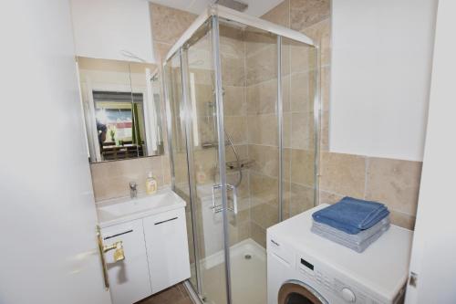 y baño con ducha y lavadora. en Perfekt Für Gruppen, 5 Einzelbetten, en Graz