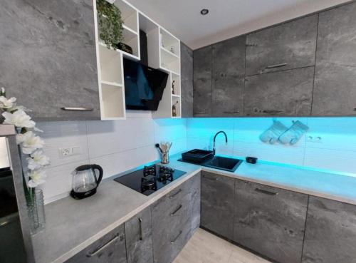 a kitchen with gray cabinets and a sink at Apartman Žuki in Pirovac