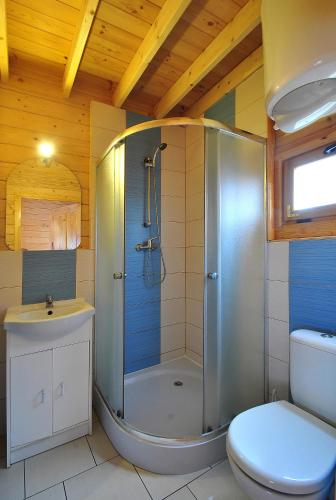 a bathroom with a shower and a toilet and a sink at Ranczo in Rewal