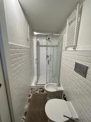 een witte badkamer met toilet en douche bij Loft Bava15 in Turijn