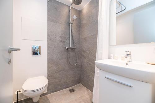 La salle de bains est pourvue d'une douche, de toilettes et d'un lavabo. dans l'établissement Strandhotel Balka Søbad, à Neksø