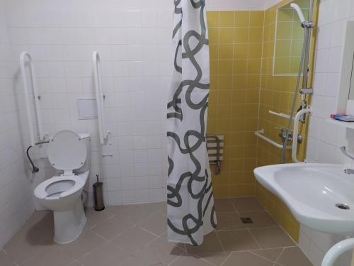 La salle de bains est pourvue de toilettes et d'un lavabo. dans l'établissement Apartmány Dalov, à Šternberk