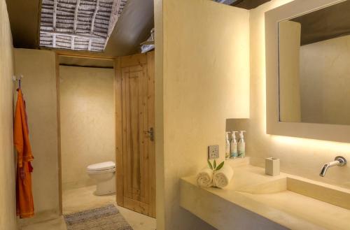 W łazience znajduje się umywalka, toaleta i lustro. w obiekcie Kudu Safari Camp w mieście Koito