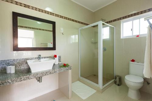 a bathroom with a shower and a sink and a toilet at Casa Tara Villas in Grand'Anse Praslin