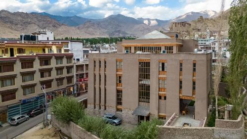 列城的住宿－Chospa Hotel, Leh，一座有建筑和山脉背景的城市