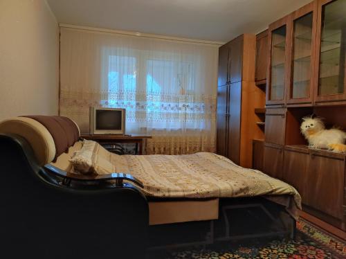 1 dormitorio con 1 cama, TV y ventana en Hostel en Orhei