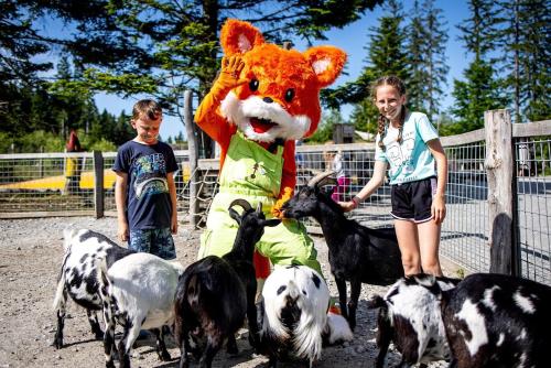 a boy and girl in a cat mascot with goats at KORZO Lipno in Lipno nad Vltavou