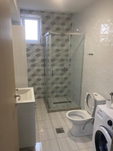 een badkamer met een douche en een toilet bij Vlada apartment 2 in Vranje