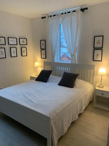 a bedroom with a large white bed with two lamps at Chalupa U Kačírků in Horní Planá