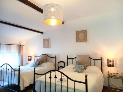 a bedroom with two beds and a chandelier at Maison d'hôtes Payan Champier in Saint-Paul-Trois-Châteaux