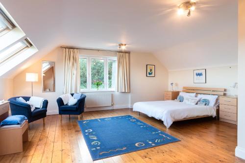1 dormitorio con cama y alfombra azul en A split-level spacious home with sea & mountain views, en Templenoe