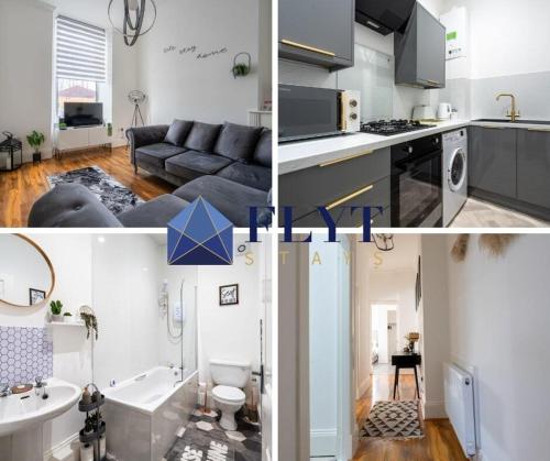 three pictures of a kitchen and a living room at Coatbridge Apartment in Coatbridge