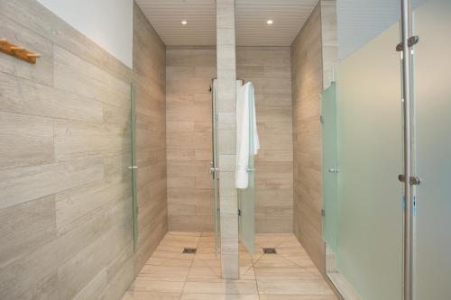 a shower with a glass door in a bathroom at Deluxe Apartment - Sauna & Pool - Free Parking in Winterberg