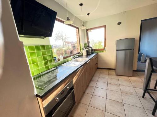 eine Küche mit einer Spüle und einem Kühlschrank in der Unterkunft Maison Gognies Chaussée 