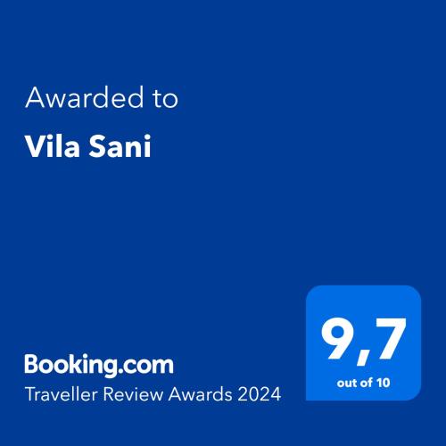 a blue text box with the words awarded to vita samkrit traveller review awards at Vila Sani in Sarajevo
